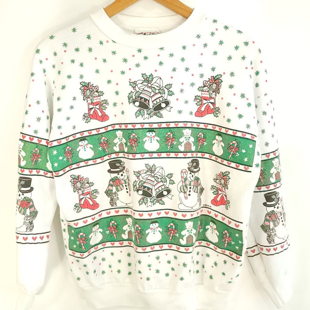 Vtg Holiday Christmas Snowman Graphic Sweatshirt Womens Med? Distressed Sky Lite